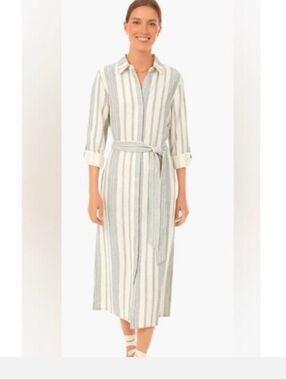 Faherty Vertical Stripe Shirt Midi Dress in Cream & Light Blue